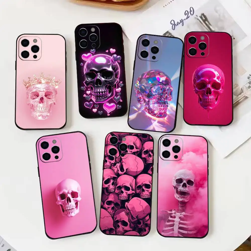 

Pink Skull Phone Case For iPhone17,16,15,14,13,12,11 Plus,Pro Max Soft Black Cover