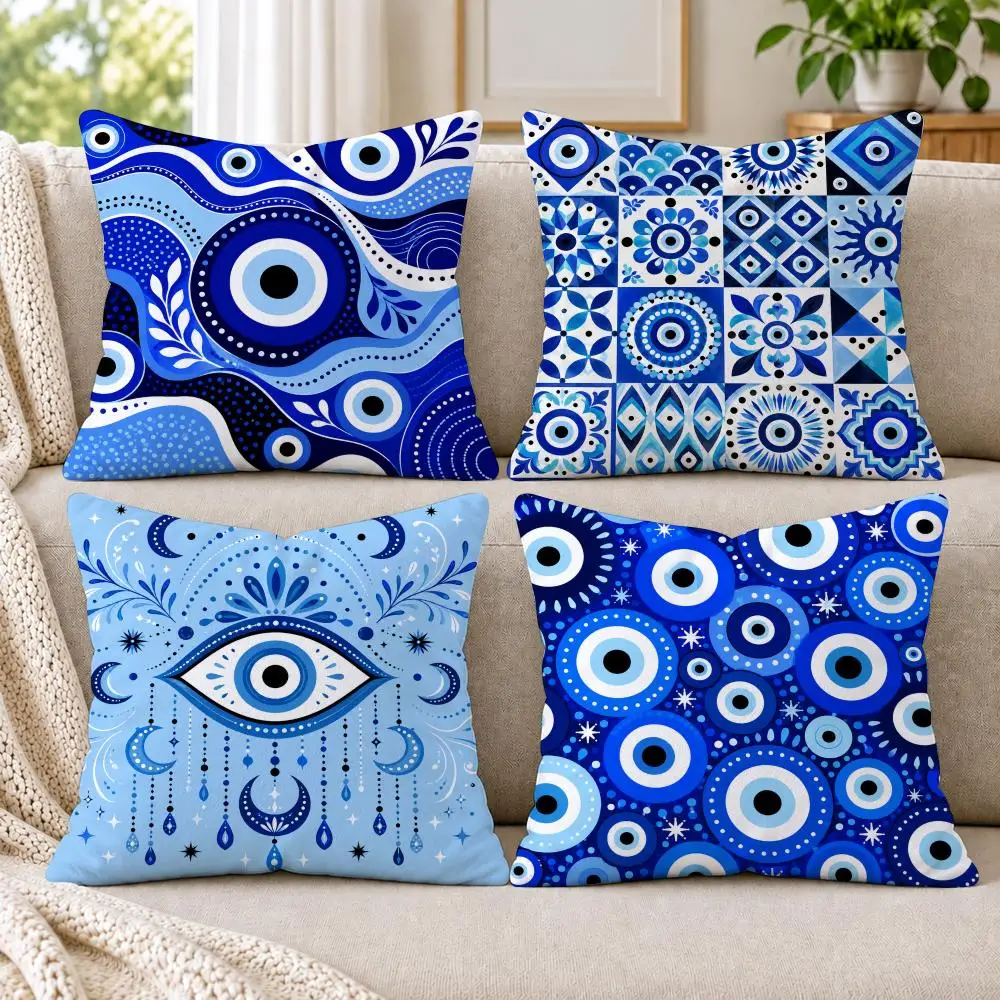Blue Turkish Evil Eye Mandala Cushion Cover Soft Short Plush Pillow Cases Hidden Zipper Cutecore Sofa Bedroom Home Decor Gift