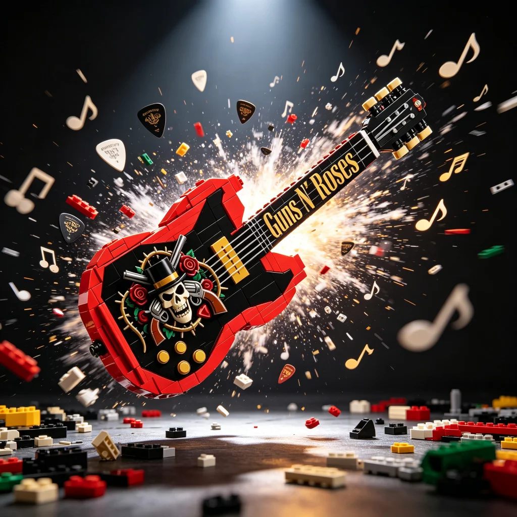149Pcs Skull & Rose Guitar Shaped Building Blocks Set Guns N' Roses Themed Rock Music Decorative Desktop Toy Collectible for Adu