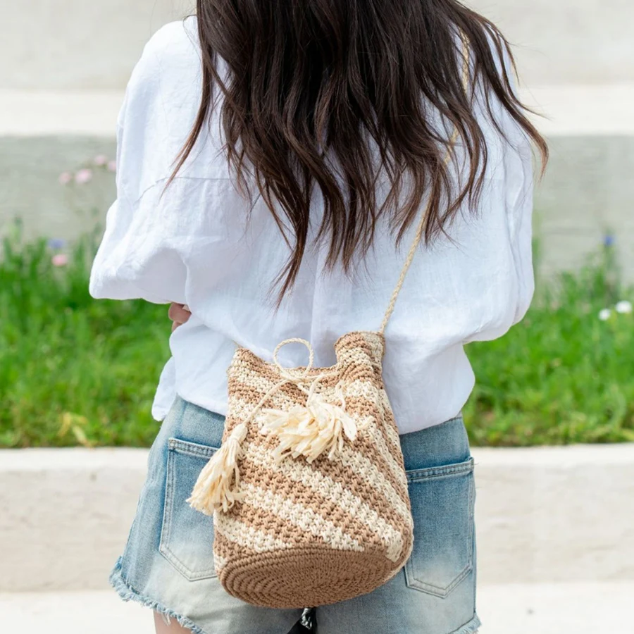 Bohemia Rattan Woven Straw Bag Summer Women Messenger Crossbody Bags Girls Small Beach Handbag Splice Drawstring Bucket Bags