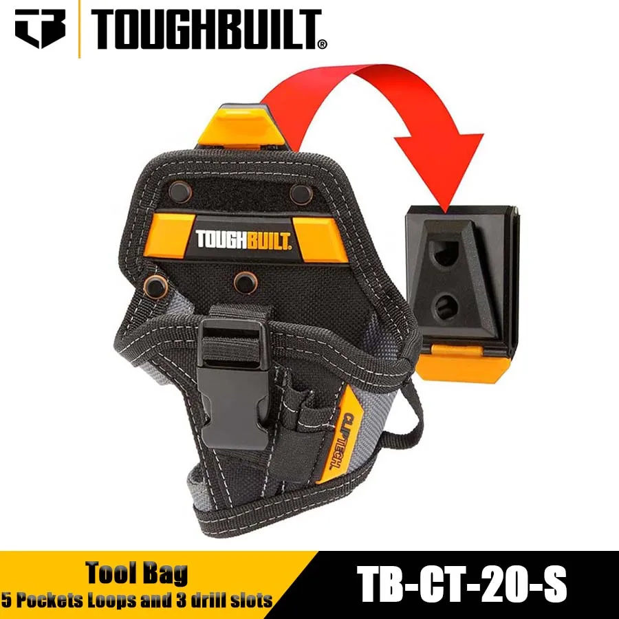 ToughBuilt TB-CT-20-S Compact Drill Holster Hard Bag Quick Release Tool Bag Drill Pouch with 5 Pockets Loops and 3 drill slots