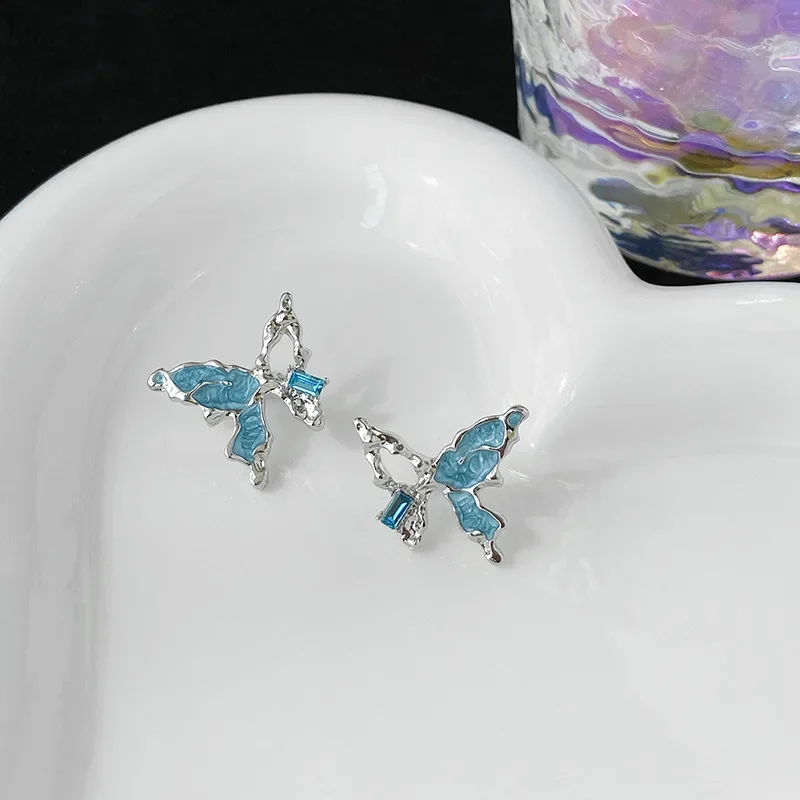 Trend Glaze Blue Butterfly Stud Earring for Women Exquisite Temperament Fashion Jewelry Christmas Gift