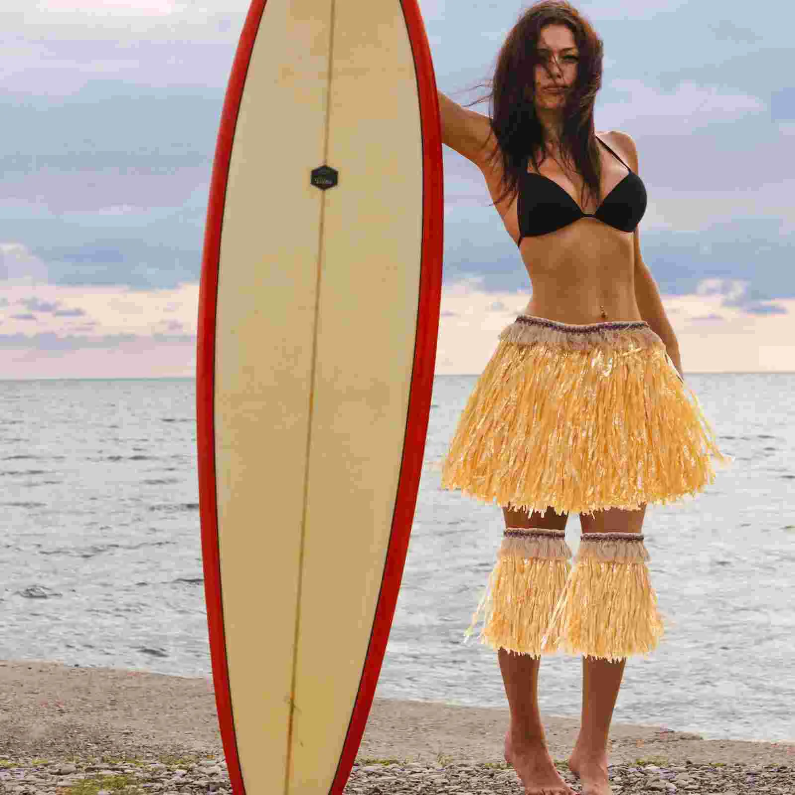5 pezzi set erba hawaiana colore paglia donne adulte spiaggia erba gonna set costume da festa Luaus matrimoni eventi accessori