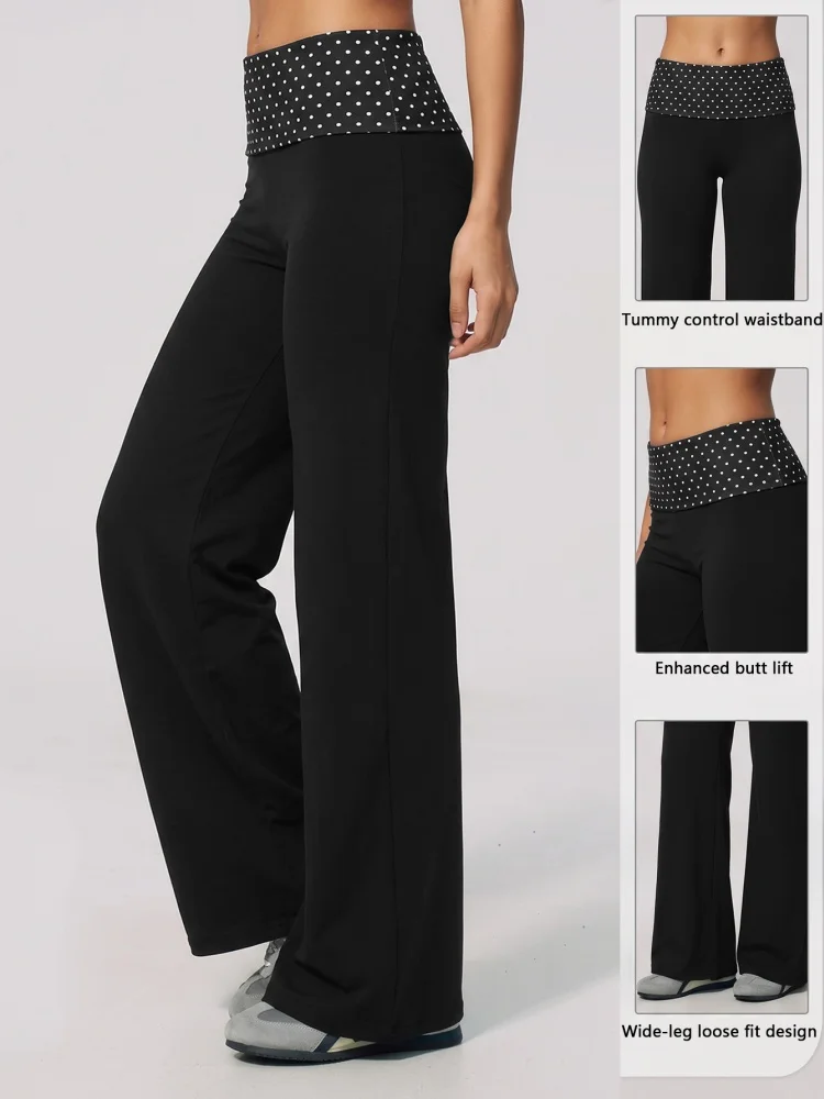 New Women's Wide Leg Yoga Sports Pants Retro Splicing Wave Point Folding Waist Head Fitness Hip Lifting and Abdominal Yoga Pants