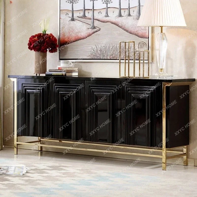 Neoclassical black paint TV cabinet stainless steel floor cabinet villa model house light luxury TV cabinet