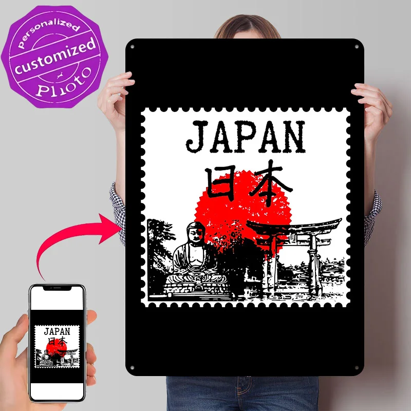 Japan Stamp With Buddha and Torii Gate Metal Poster Perfect Gift for Fans Lovers Personalized Wall Art Metal Sign for Room Decor