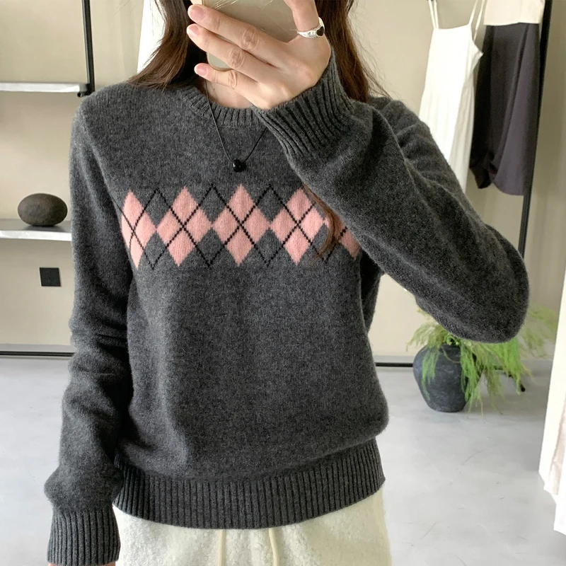 Retro Academy Diamond Grid Women's Sweater 100% Wool Round Neck Knitted Pullover Autumn/Winter Casual Versatile Women's Top