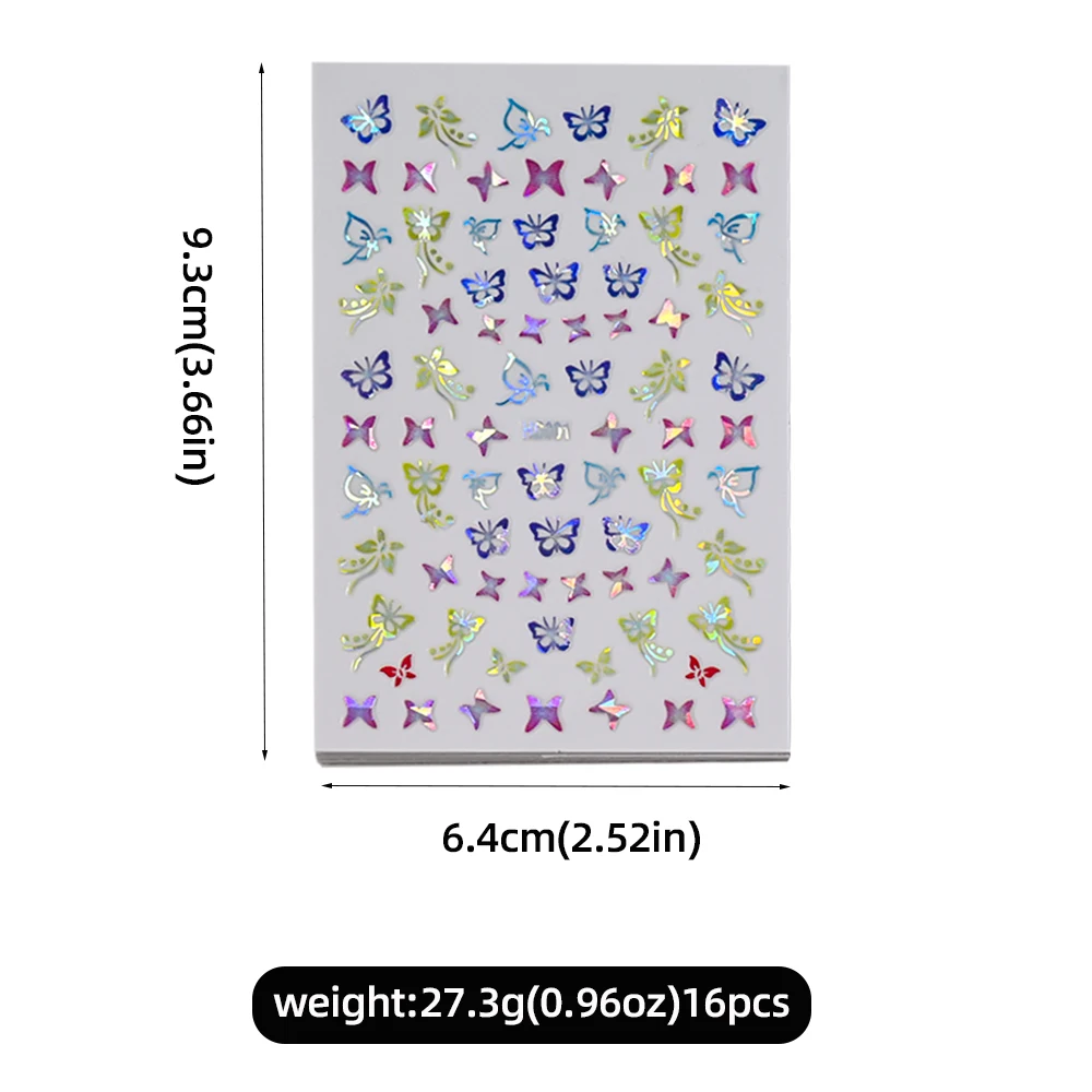 16Pcs สีสัน/เลเซอร์ทอง/เงินผีเสื้อ 3D สติ๊กเกอร์เล็บ 6.4*9.3 ซม.ผีเสื้อ Self-Adhesive Slider หรูหราเล็บ Decal
