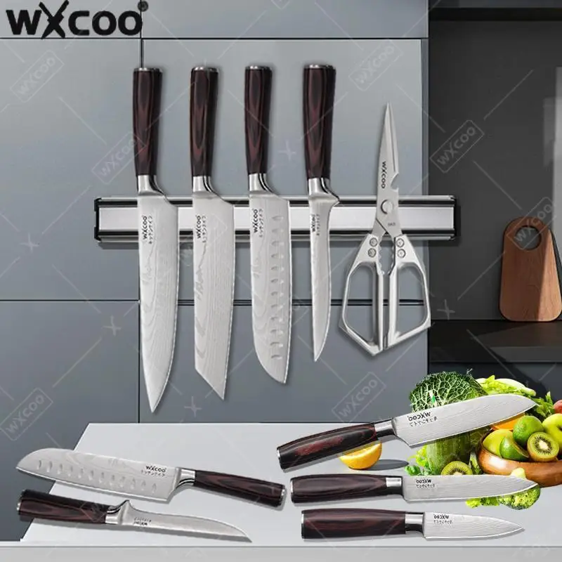 

WXCOO Damascus Chef's Knife Santoku Slicing Magnetic Knife Holder Professional Kitchen Boning Knives Kitchen Accessories