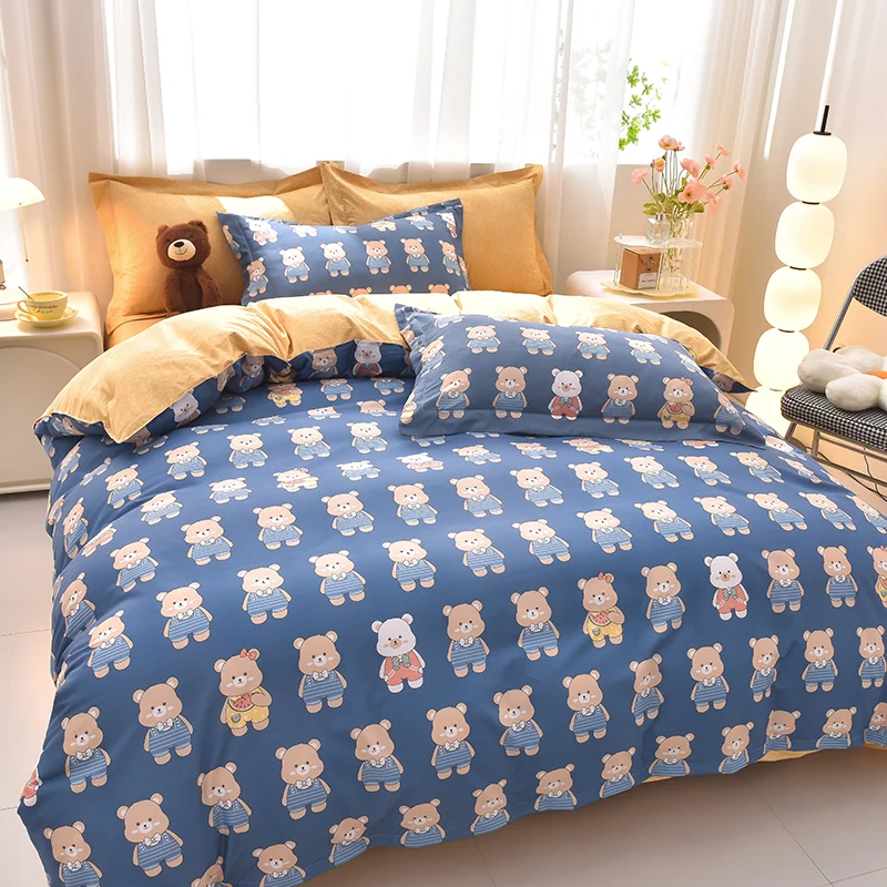 Cute Cartoon Bear 4Pcs Bedding Set Lovely Bear Print Duvet Cover Bed Sheet Pillowcases Soft Cozy Modern Home Bedroom Decoration