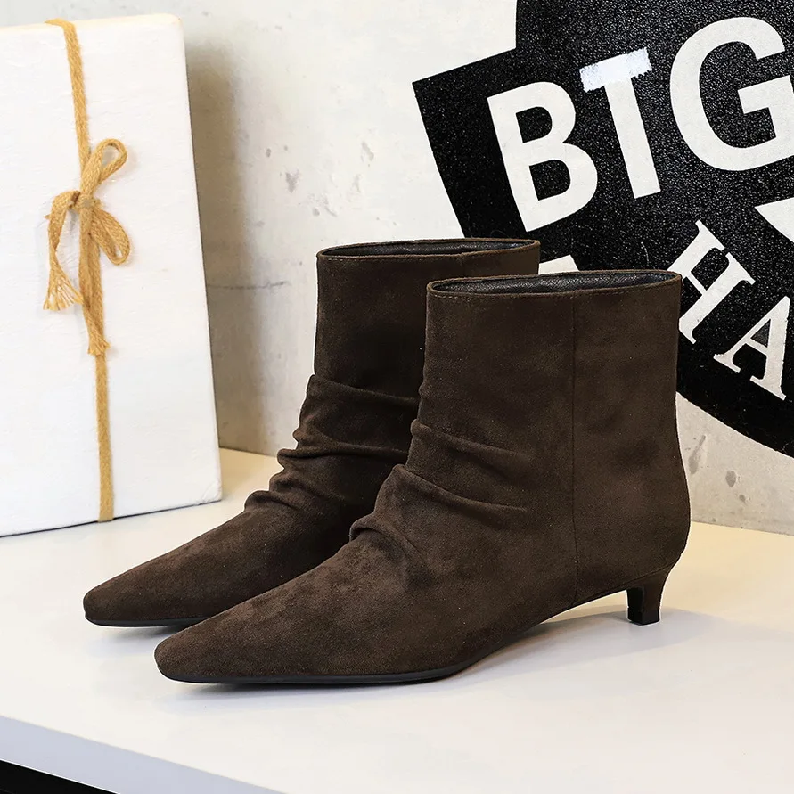 

New in 2026 Winter Pointed Toe Ankle Boots for Women Pleated Thin Heels Ladies Short Boots Female Elegant Designer Booties Shoes