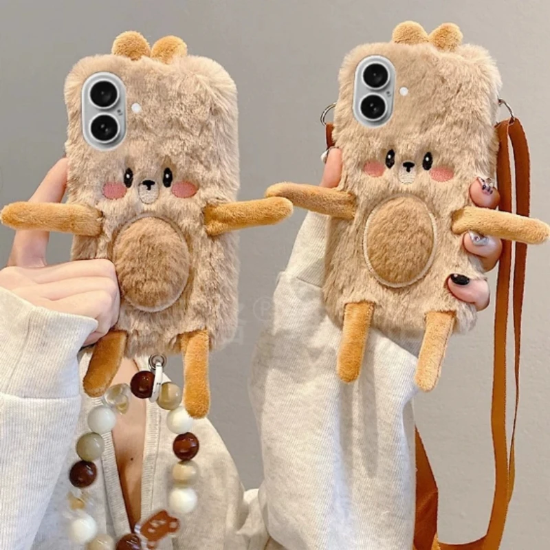 플러시 테디 베어 폰 케이스 크로스바디 스트랩 포함 아이폰 11-16 프로 맥스 안드로이드용, 독특한 소프트 실리콘 충격 방지 커버