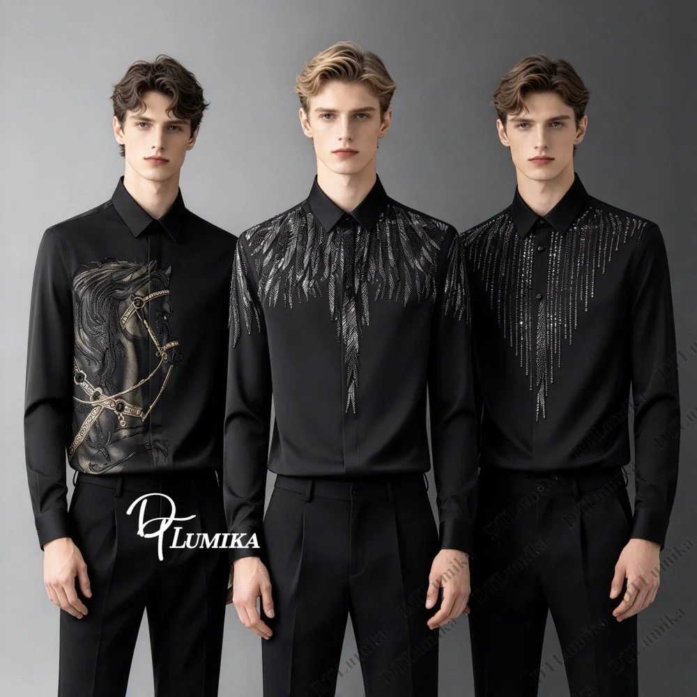 Men's Long Sleeve Rhinestone Dress Shirt  Luxury Shirts Hotfix Rhinestone, Formal Button Down Shirt for Party Wedding Club