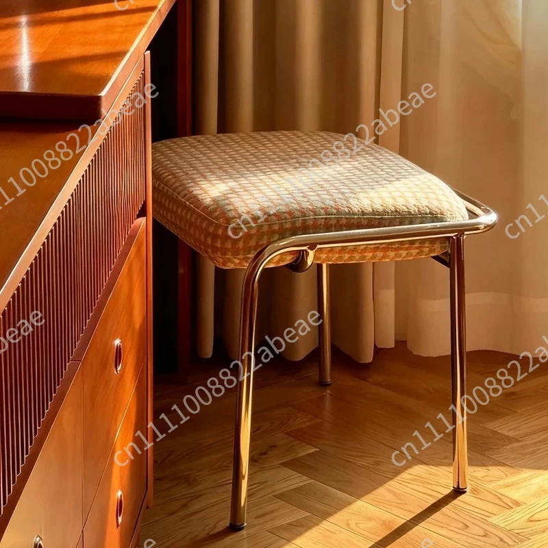 Bauhaus Style Vanity Stool - Iron Frame Upholstered Makeup Chair, Small Space Apartment Ottoman | Multi-Functional Footrest