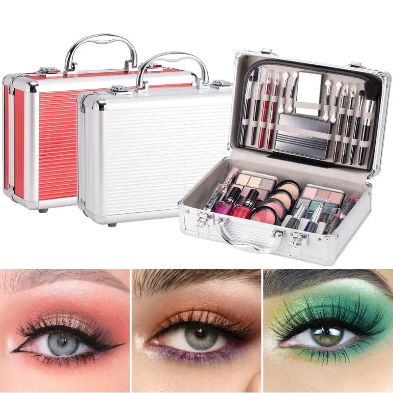Metal makeup box with blush, eyeshadow, nail polish and lipstick combination - multi-functional cosmetics set