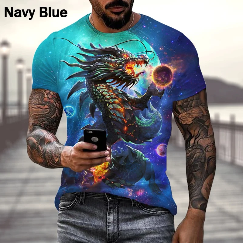 Blue Dragon 3D Print Men\'s T Shirt O Neck Short Sleeve Animal Funny Graphic Streetwear Summer Loose Male Oversized Tops Tees