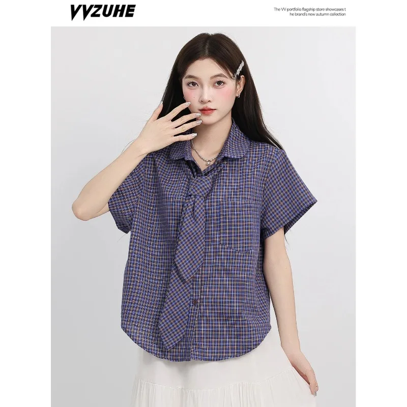 

Women's Plaid Shirt with Tie Preppy Style Short Sleeve Loose Casual Blouse