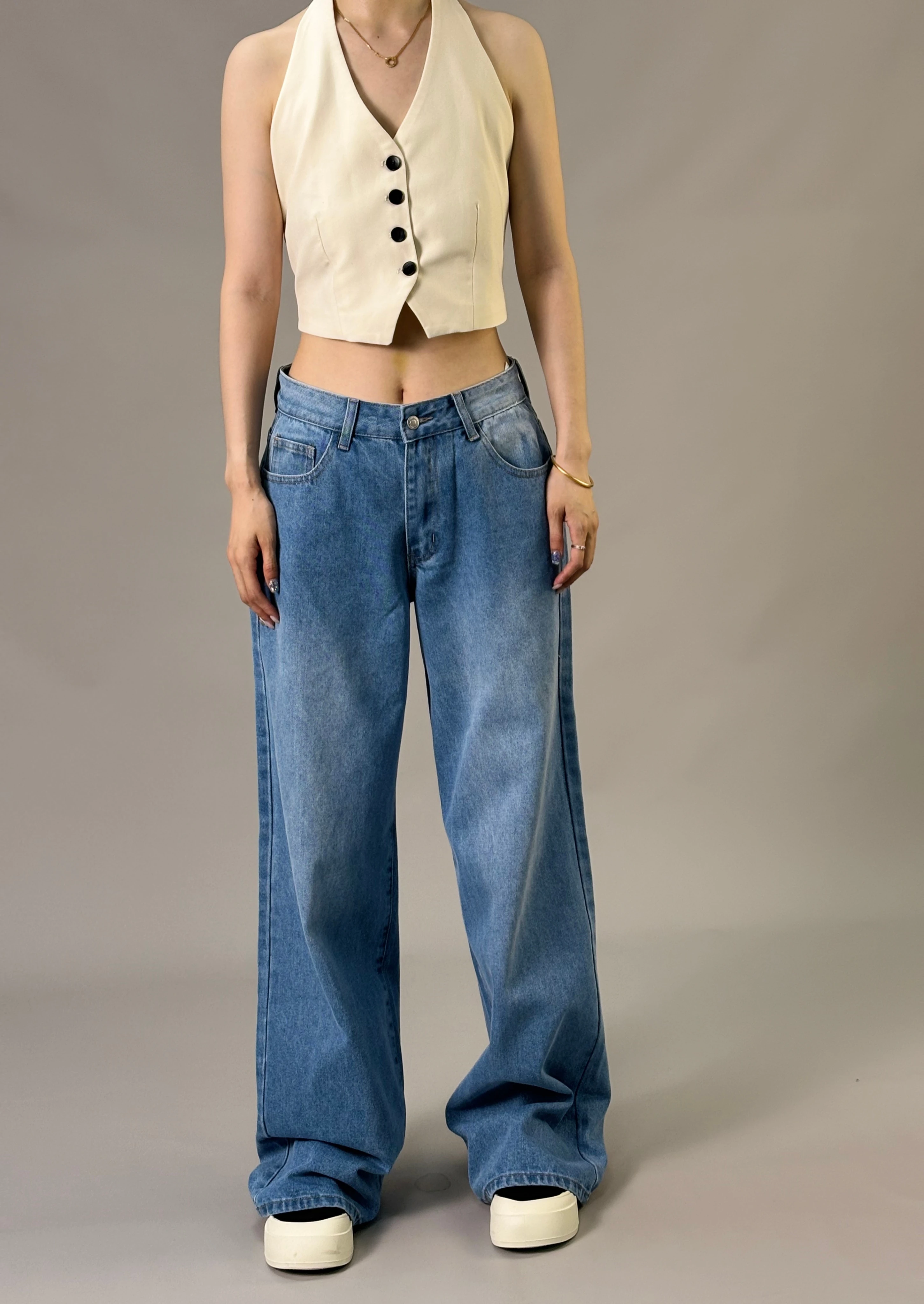 

European and American washed vintage straight leg high waist wide leg loose fitting comfortable versatile denim pants