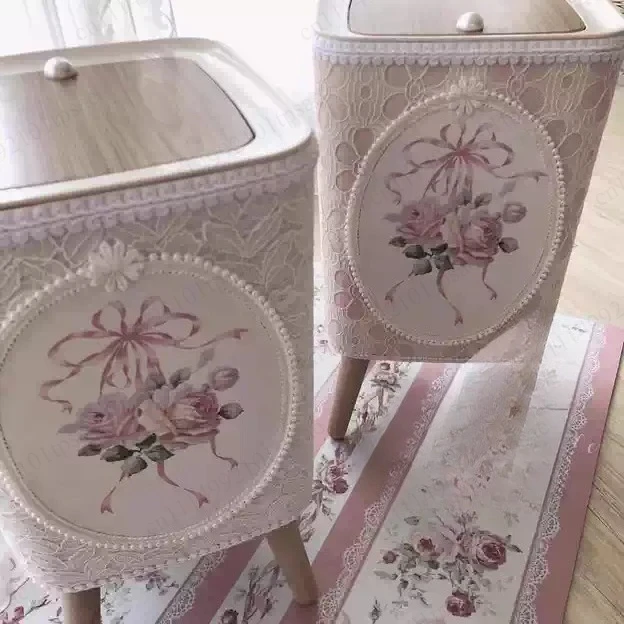 Retro Lace Storage Bucket Home Decor Livingroom Kitchen Diningroom Large Capacity Trash Can Press Lid Roses Storage Bucket
