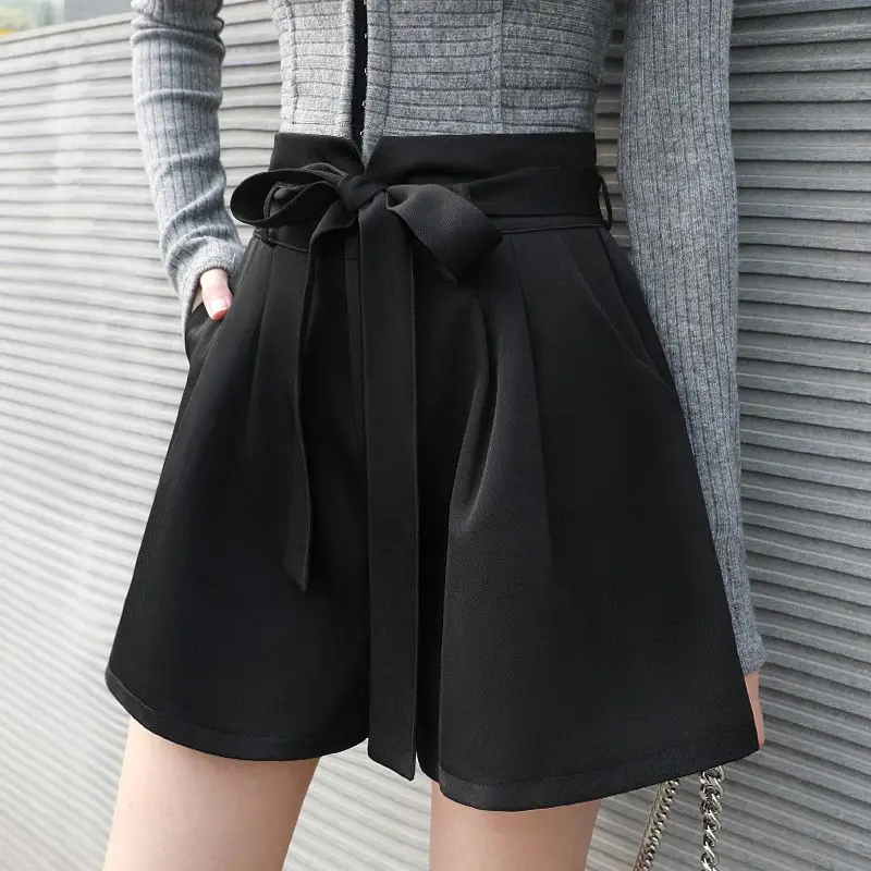 

Summer New Elastic Waist Blossom Shorts Solid Color Lacing Loose A-line Wide Leg Hot Pants Simplicity Fashion Women Clothing