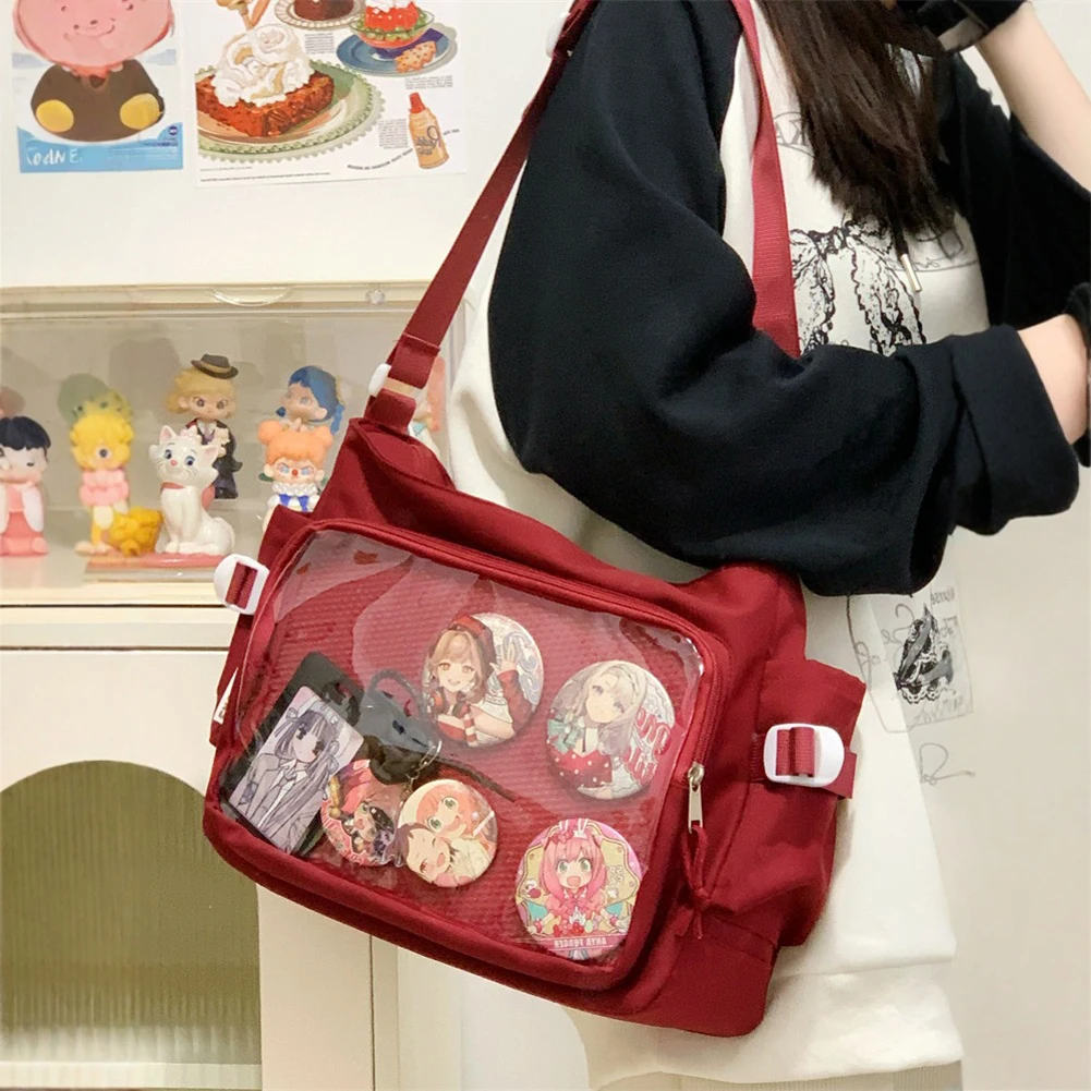 

Women Ita Bag Japanese Style Shoulder Purse with Clear Window Cartoon Book Bag Multi-pockets Teenagers School Bag Chic Hobo Bag