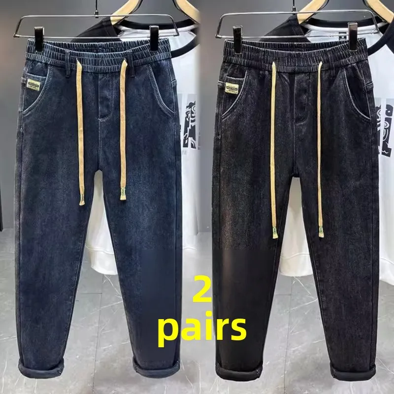 Retro Wear-Resistant Fleece-Lined Casual Men's Jeans Loose Fit for Work Autumn Winter Cotton Straight Leg Loose Trousers