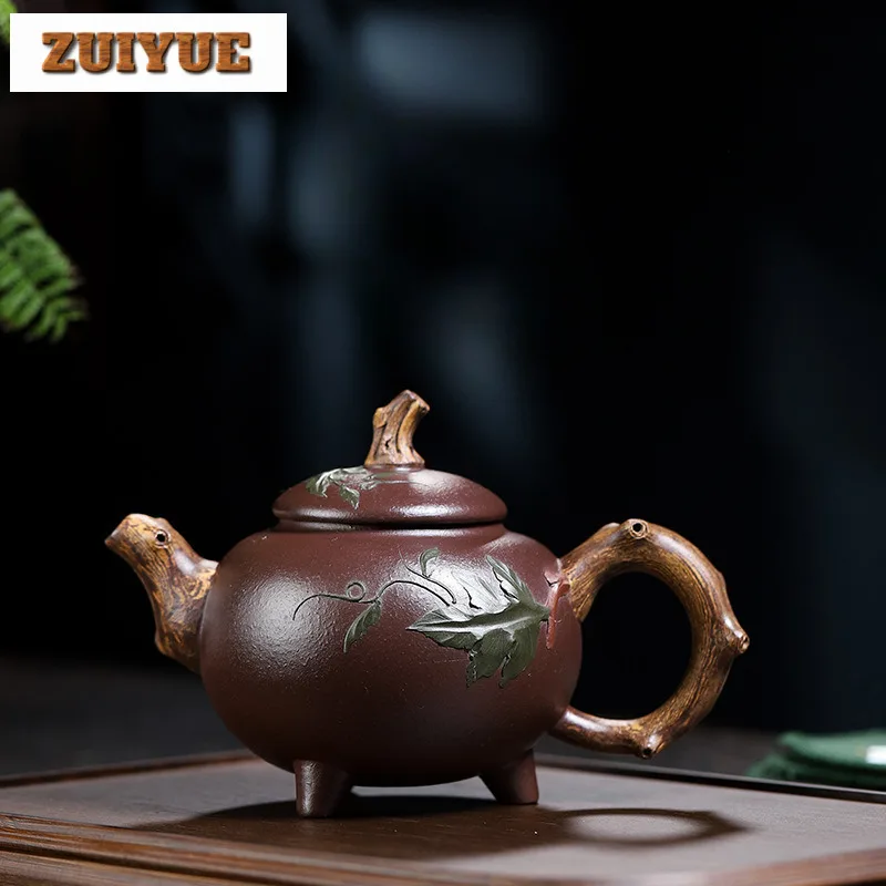 340ml Elegant Yixing Purple Clay Teapots Famous Master Handmade Tripodia Gourd  Pot Raw Ore Purple Mud Kettle Zisha Tea Set Gift