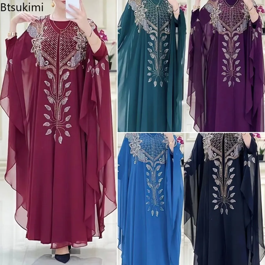 Chiffon Boubou Ramadan Dubai Muslim Dresses 2 Piece Sets Women Luxury Kaftan Islam Kimono Robe Caftan Marocain 2024 Abayas Femme