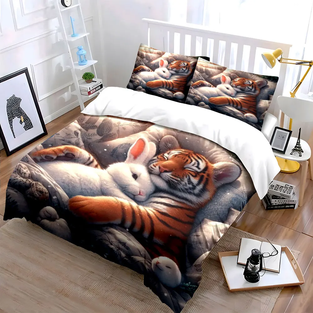 Tiger and Rabbit Cuddling Warmly Bedding Set for Kids Luxury Gift 3pcs Digital Print Comforter Set Soft Comfortable Breathable