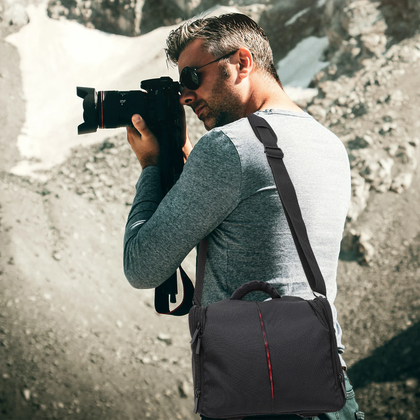 حقيبة كاميرا مبطنة مقاومة للماء ومضادة للصدمات، جيوب متعددة، غطاء للمطر، حزام قابل للتعديل، ملحقات كاميرا Dslr