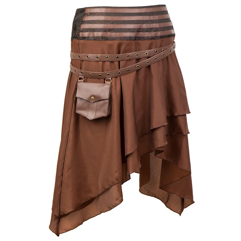 Irregular Knee-length Black Skirt Gothic Steampunk Brown Skirts for Women Hip-hop Rock Summer Vintage Medieval Pirate Skirt