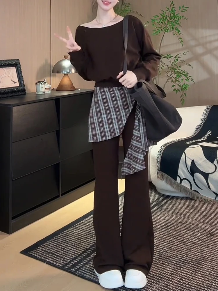 

Faionable Loose oulder Hoodie And Plaid Micro Flare Pants Women's Set Autumn 2026 Spring Casual Sle Breathable Lightwei...