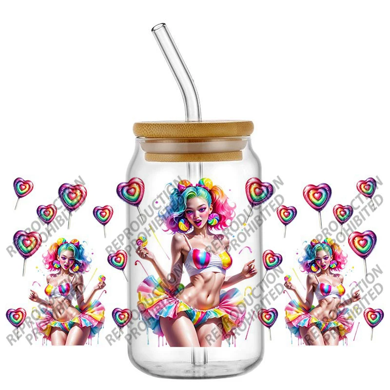 Lollipop candy women UV DTF Transfer Stickers Dipper Mabel Cup Wrap Permanent Waterproof For 16oz Libbey Glass Custom Labels