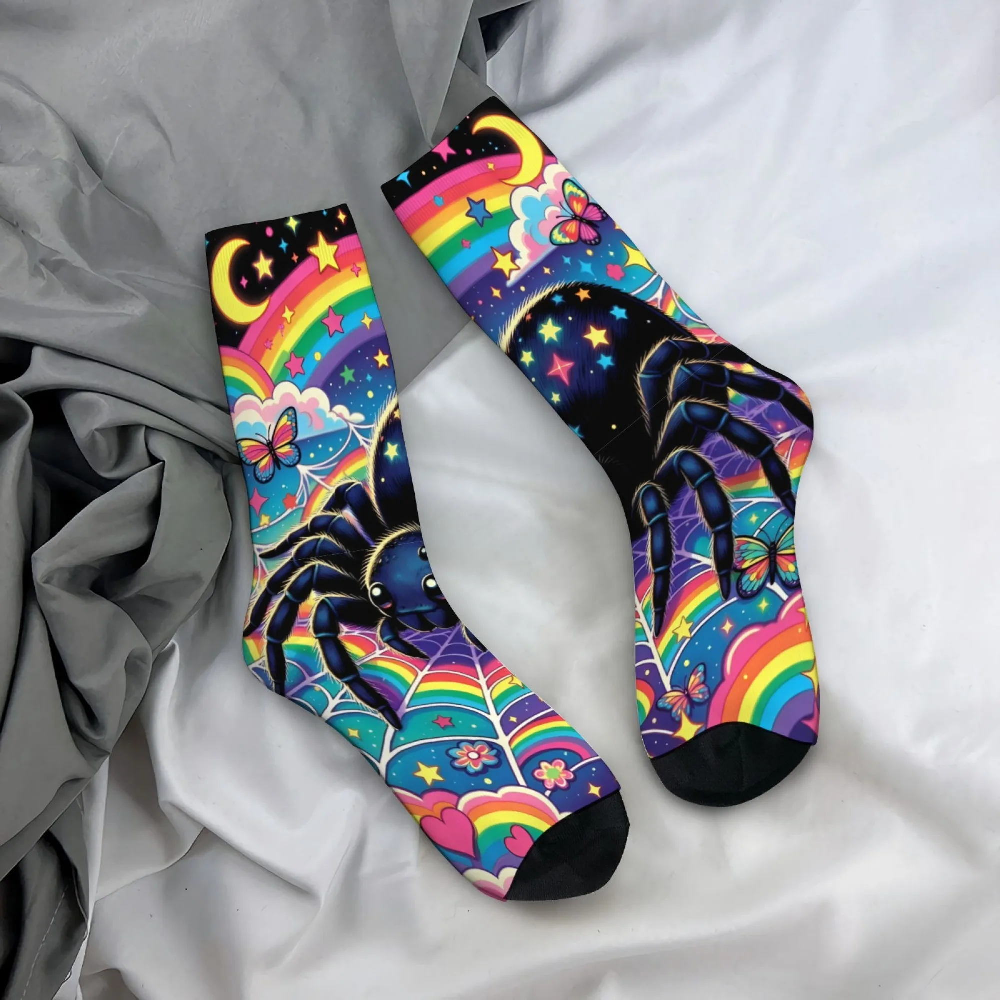 Asymmetrical Rainbow Tarantula Mid-calf Socks Psychedelic Starry Sky Contrast Style Soft Warm Durable and Comfortable Socks
