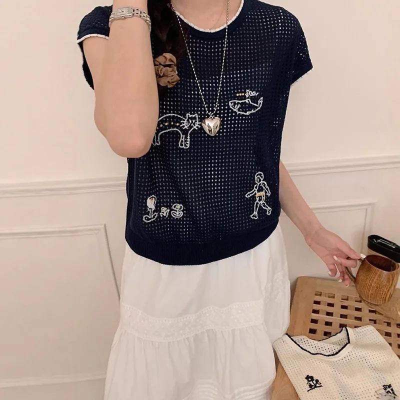 Women Clothing Summer Fashion Casual Cartoon Hollow Out Color Blocking O-neck Female All-match Appear Thin Short Sleeve Top Tee