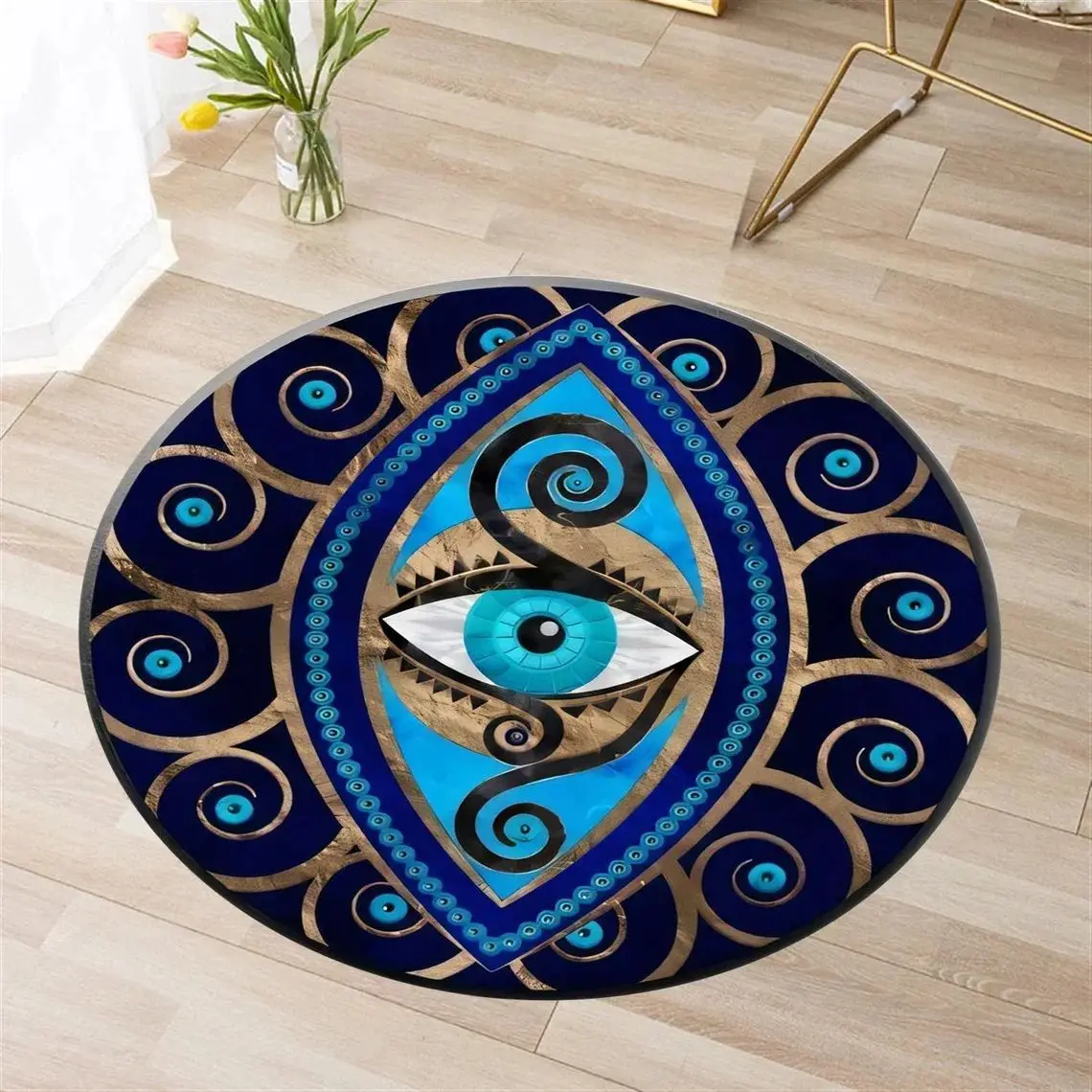 VIKAMA Nazar Protection Round Rug, Evil Eye Blue Carpet, Greek Key Pattern Bohemian Mat for Kitchen Home Decor