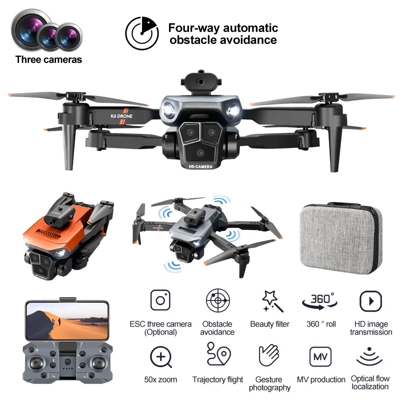 K6 MAX Quadcopter features built-in electronic control triple cameras, 360° obstacle avoidance, optical flow positioning.