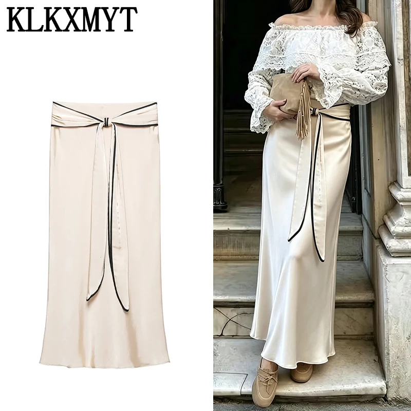 KLKXMYT Elegant Chic Satin Knot Tie Straps Skirts Women 2026 Summer Vacation Wear High Waist Ruffles Midi Skirt Mujer
