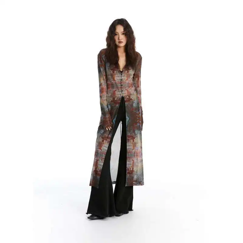 2026 Spring American Retro Oil Painting Printed Mesh Long Sunscreen Medium Length Cardigan Coat Slimming Fashion High Design Top
