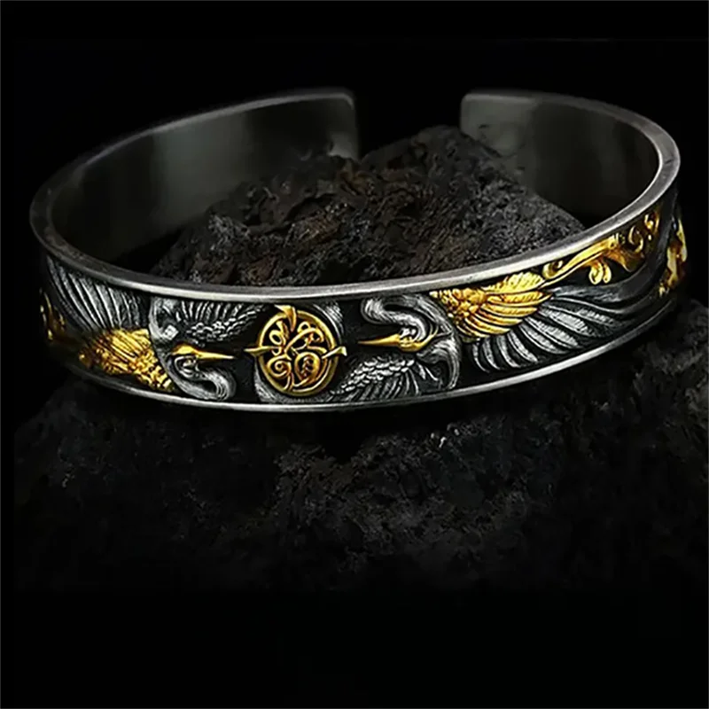 Ethnic Style Black Gold Collision Bangle Male Hand Accessories Lucky Auspicious Clouds Divine Bird Crane Bangle Men Jewelry