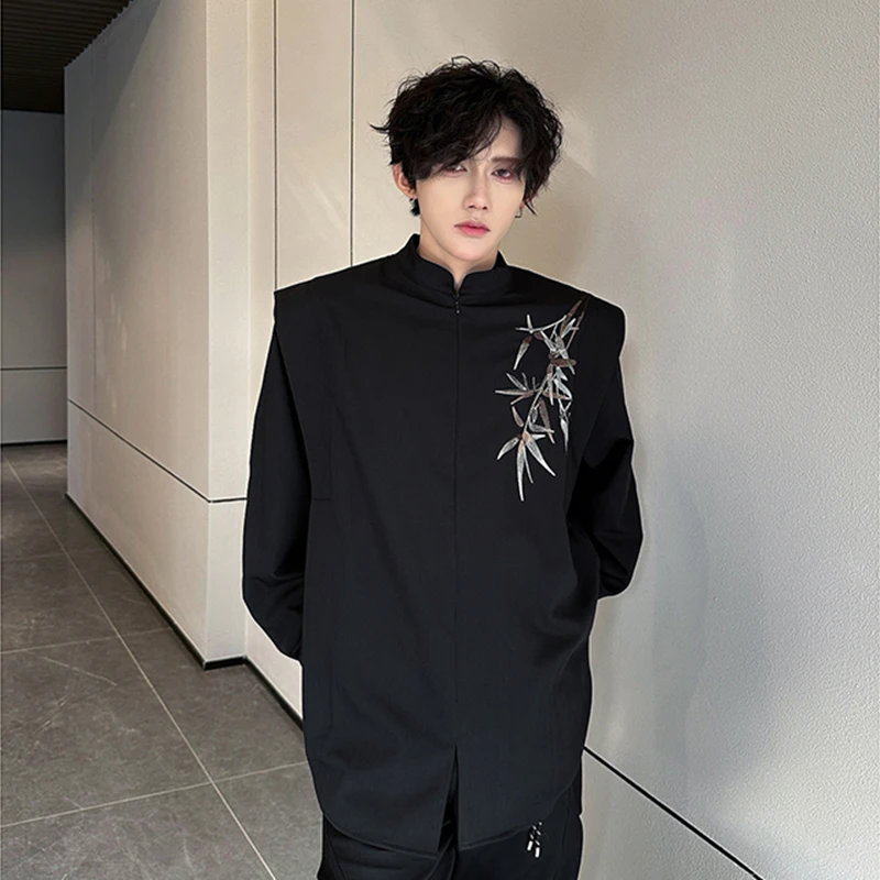 WTHT Fashion Men's Loose Embroidery Design Chinese Style Blazer Coats Trendy Stand Collar Zipper Coats Male 2026 Summer 2A3030