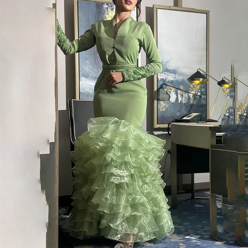 

Customized New In V-Neck Formal Evening Dresses Full Sleeves Lace Beaded Tulle Tiered Ruffle Prom Dresses فساتين سهرة