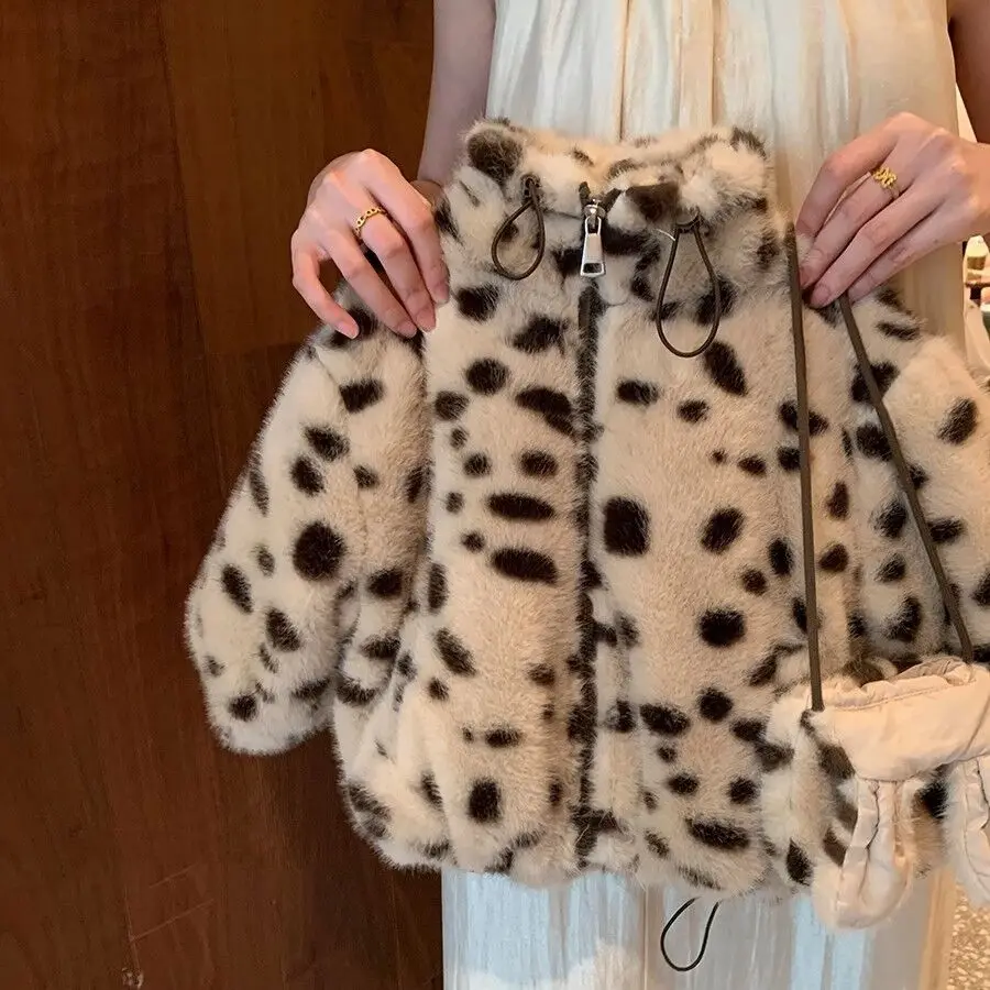 Girls' plush thick coat leopard print autumn and winter new children's baby fur sweater jacket