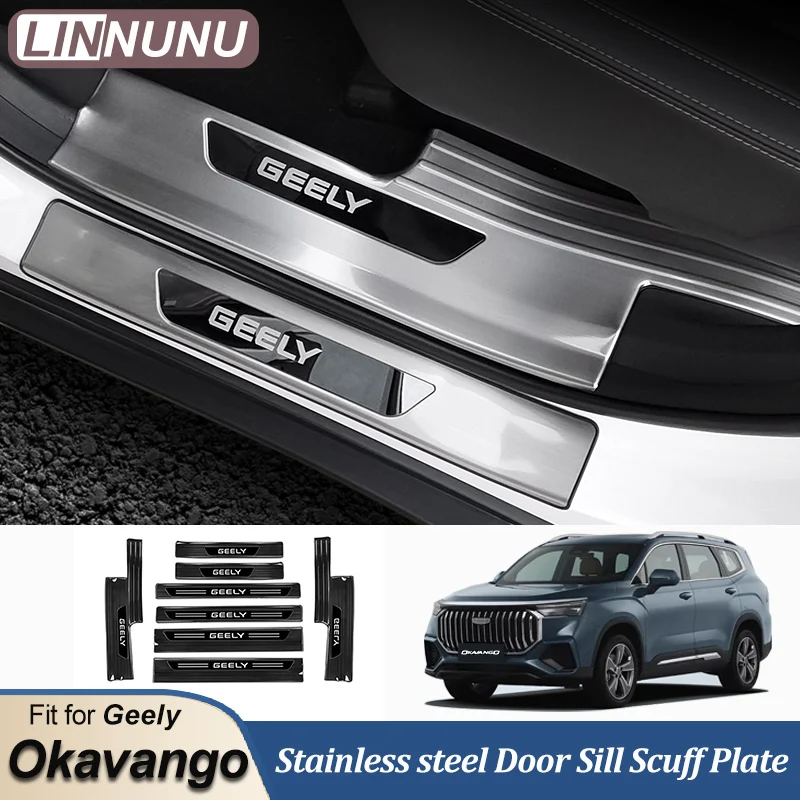 LINNUNU Car Door Sill Trim Stickers Exterior Threshold Plate Scuff Cover Protector Auto Accessories For Geely Okavango Haoyue L