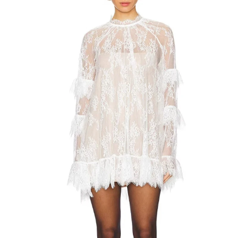 Spring Summer New Lace Perspective Cover-up Dress New Beach Vacation Sunscreen Dresses Women Long Sleeve Ruffles Short Sundress