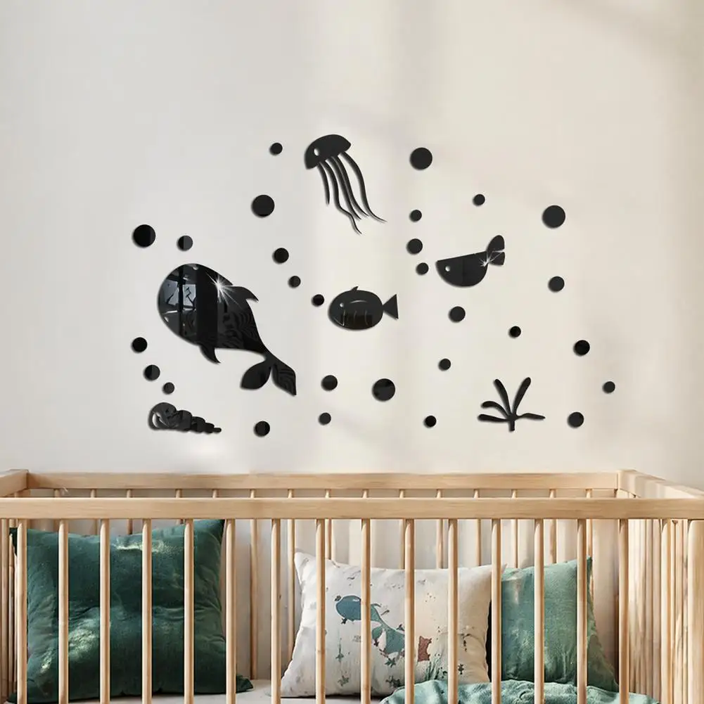 Modern Mirror Texture Wall Stickers 3d Acrylic Wall Decals for Nursery Life Wall Decals Set Acrylic Mirror Fish Conch for Room