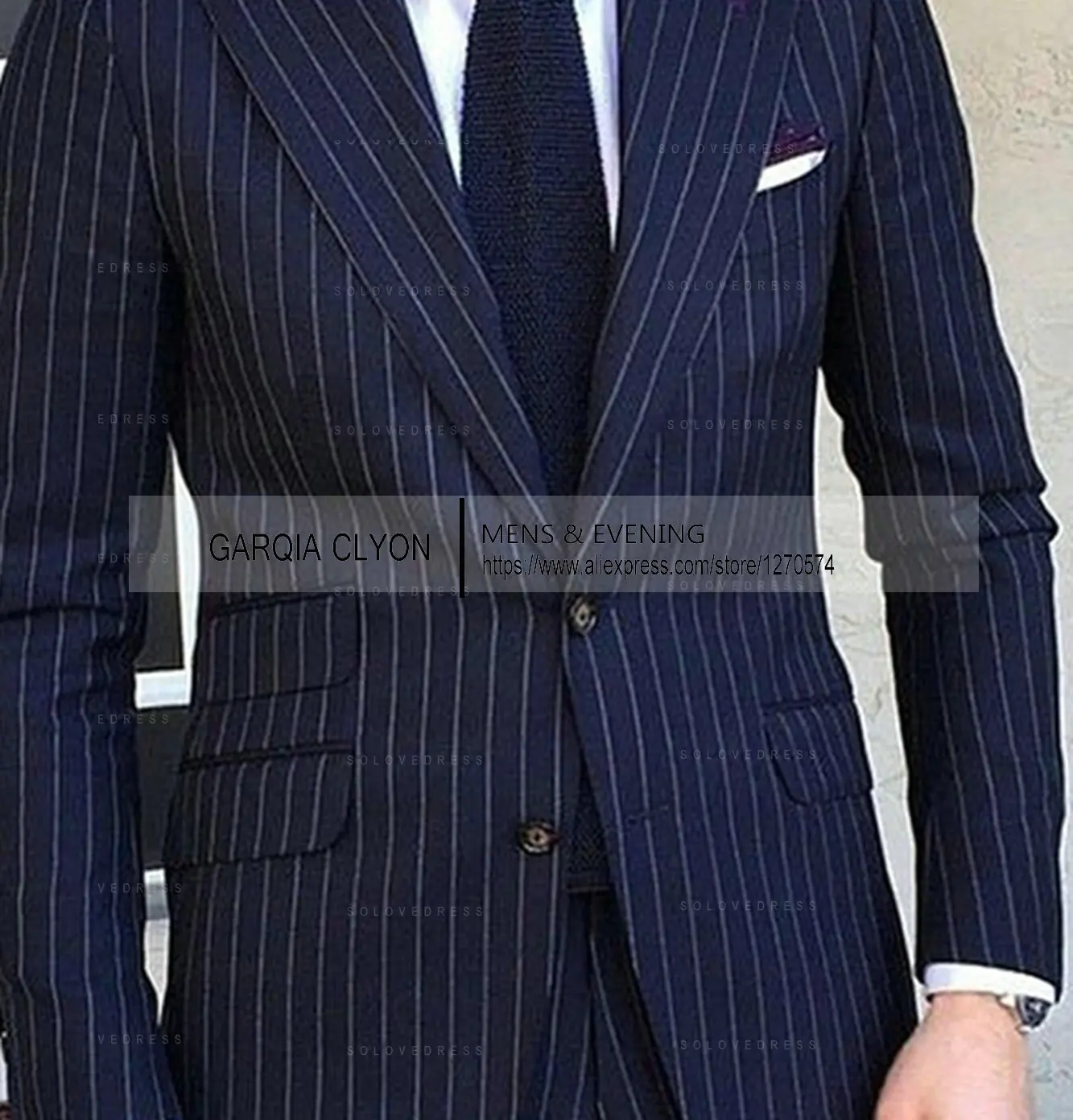 Pinstripe Men\'s Suit Tuxedo Notched Lapel Navy Blue Slim Fit for Formal Wedding Striped Male Two Pieces Fashion Business Groom