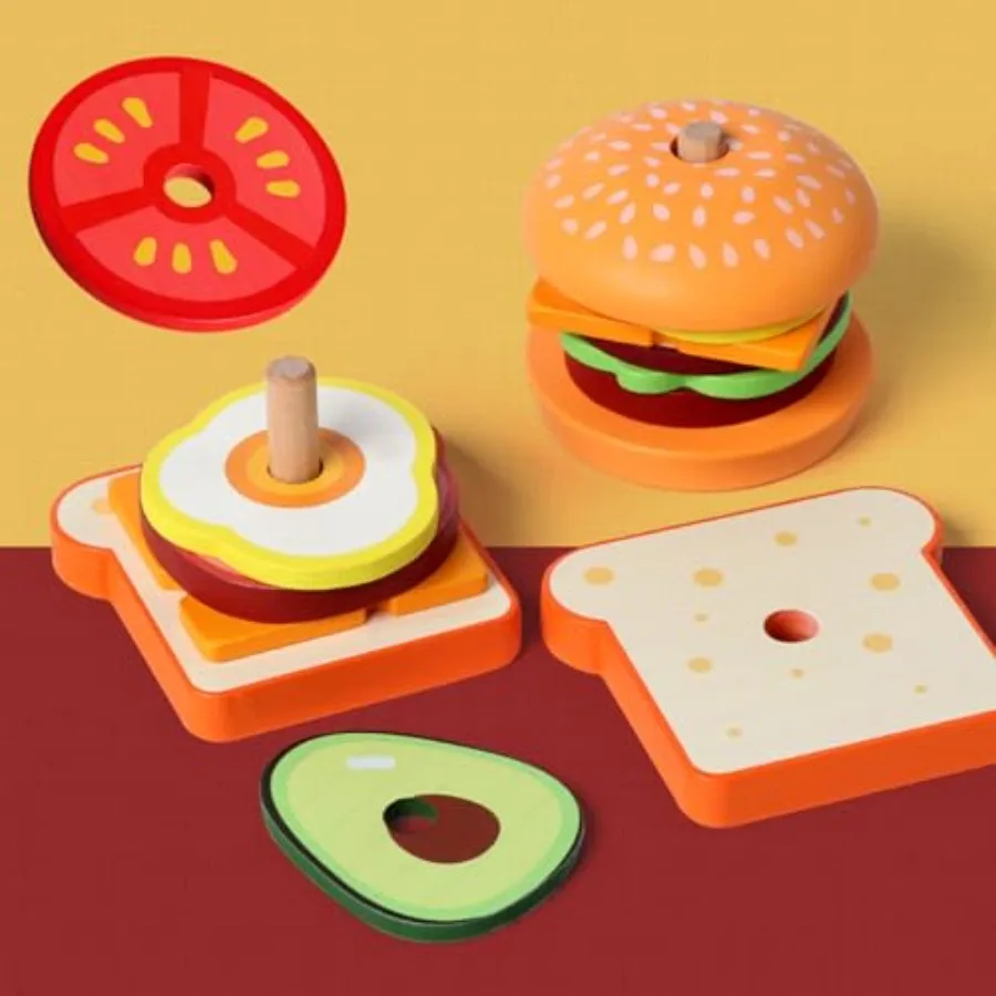 Montessori Toys Wooden Burger Stacking Toys for Toddler Educational Fine Motor Skills Foods Preschool Learning Blocks Gifts Boy