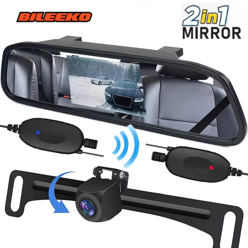 

Car Inside Mirror Camera for Rear View Reverse Backup 2 in 1 Monitor License Plate Parking System with Wireless Transmitter