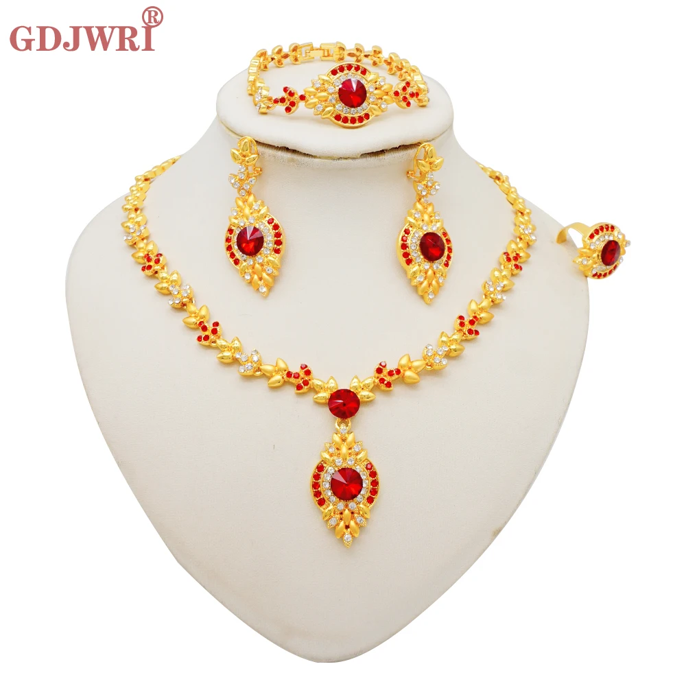 Luxus Dubai Gold Farbe Doppels chicht Halskette Schmuck Sets für Frauen afrikanischen Wasser tropfen Kristalls chmuck indischen Set Geschenke – Detail 39